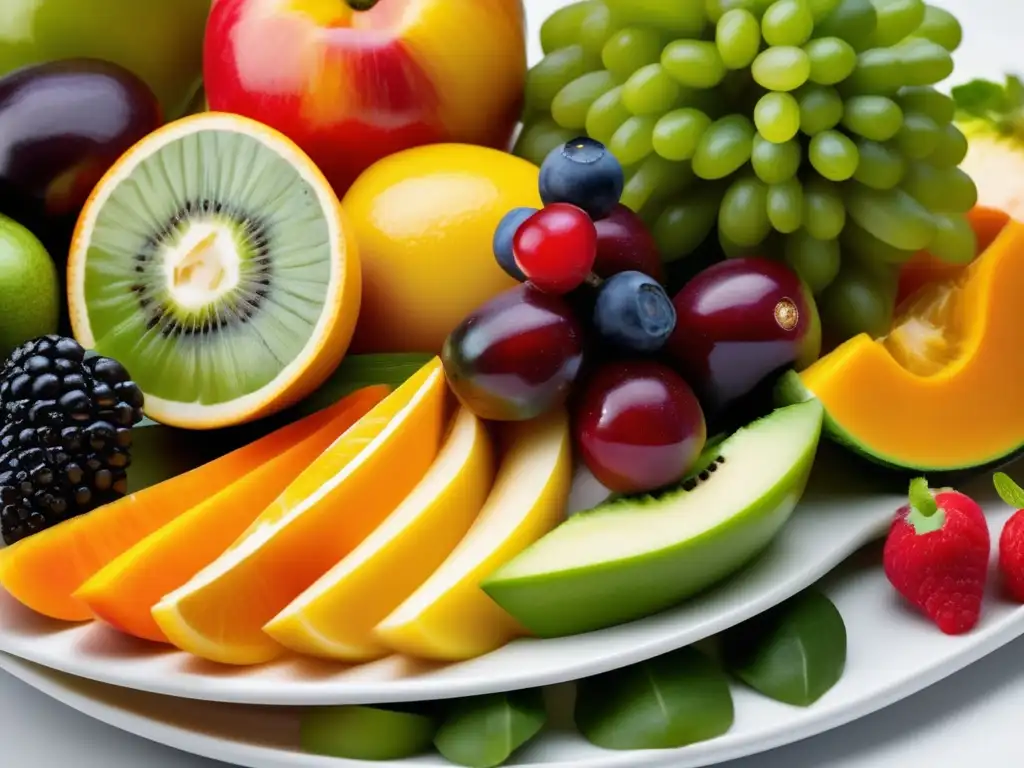 Una exquisita variedad de frutas y verduras frescas, cortadas y dispuestas con cuidado en un plato blanco. Refleja la importancia de las técnicas de porcionado para dieta equilibrada, con colores vibrantes y texturas detalladas.