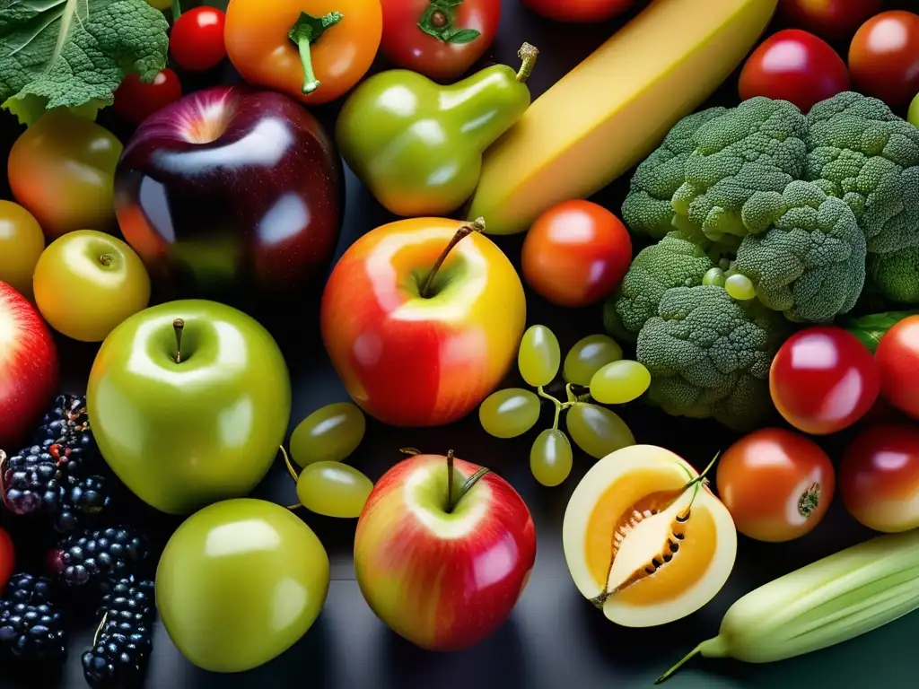 Una exquisita variedad de frutas y verduras frescas, dispuestas de forma atractiva. <b>Refleja la nutrición holística en enfermedades autoinmunes.
