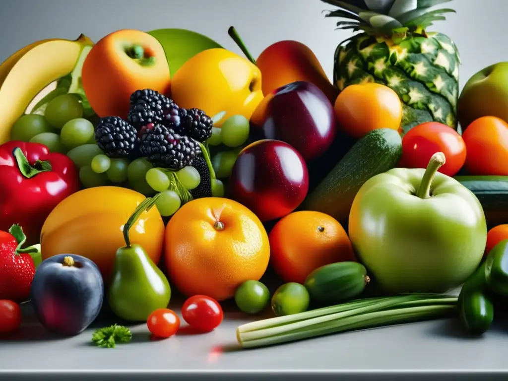 Una exquisita variedad de frutas y verduras frescas en una encimera de cocina moderna. <b>Perfecto para la prevención de la diabetes tipo 1 alimentación.