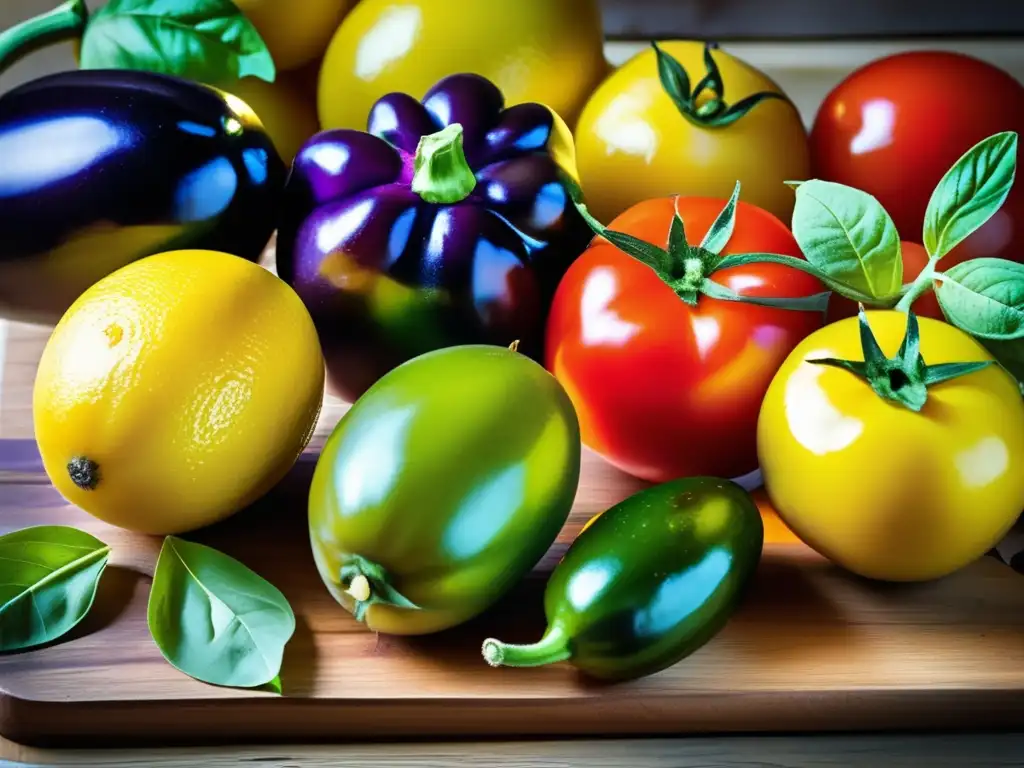 Una exquisita variedad de frutas y verduras mediterráneas en una tabla de madera. <b>La luz del sol realza sus colores y texturas naturales.</b> <b>Alimentos ricos en antioxidantes naturales.
