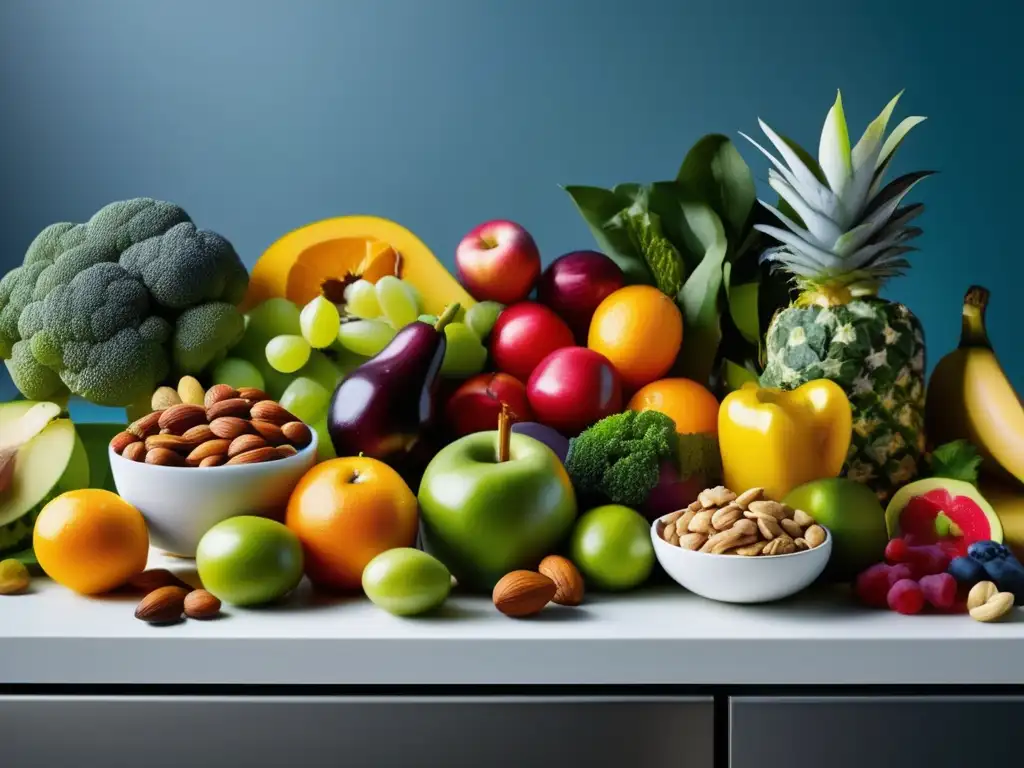Una exquisita variedad de frutas, verduras, frutos secos y proteínas magras dispuestas en una cocina moderna, evocando la importancia de la nutrición deportiva.