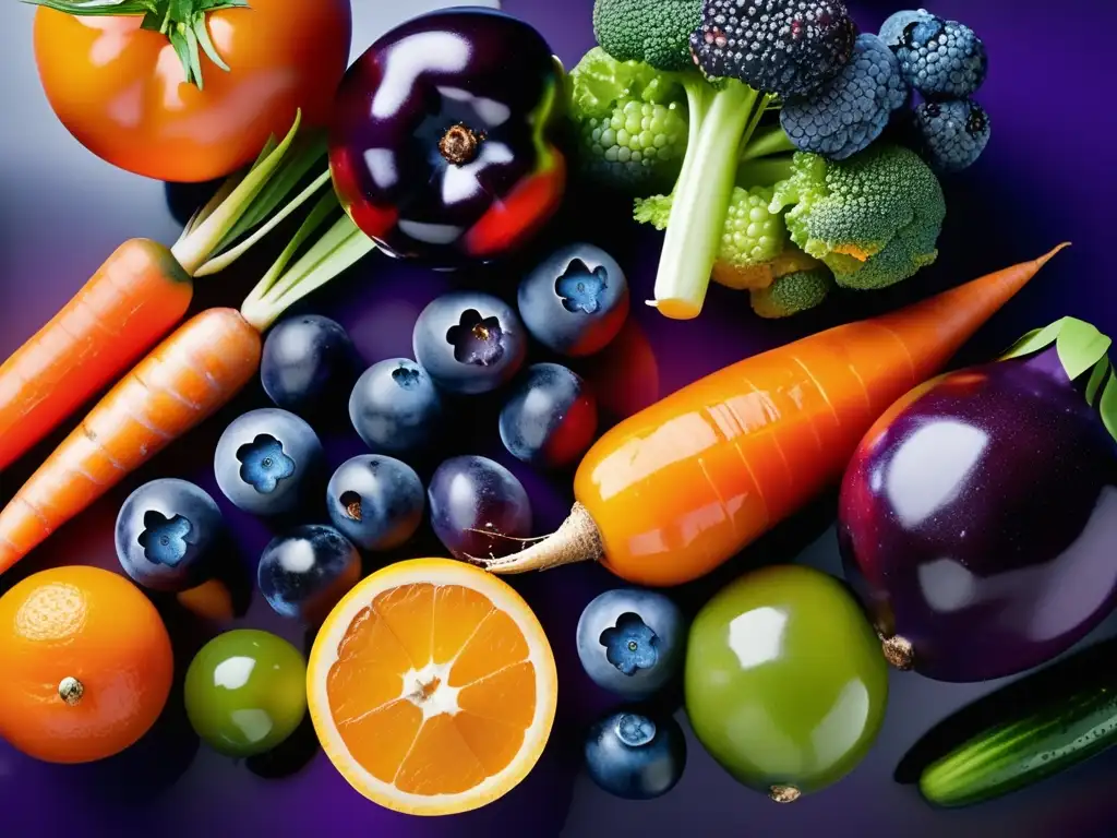 Una exquisita variedad de frutas y verduras frescas, goteando agua sobre una encimera moderna. Colores vibrantes invitan a la desintoxicación a través de la alimentación.