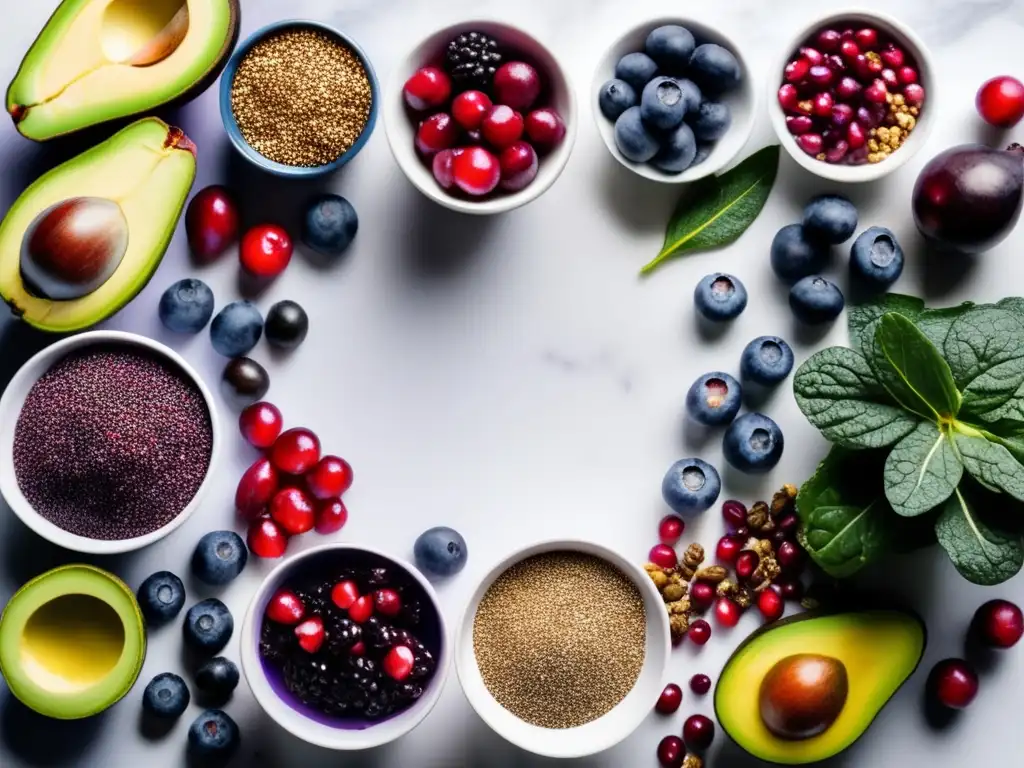 Una exquisita variedad de superalimentos para dieta saludable, brillantes y frescos, dispuestos sobre una elegante encimera de mármol blanco.