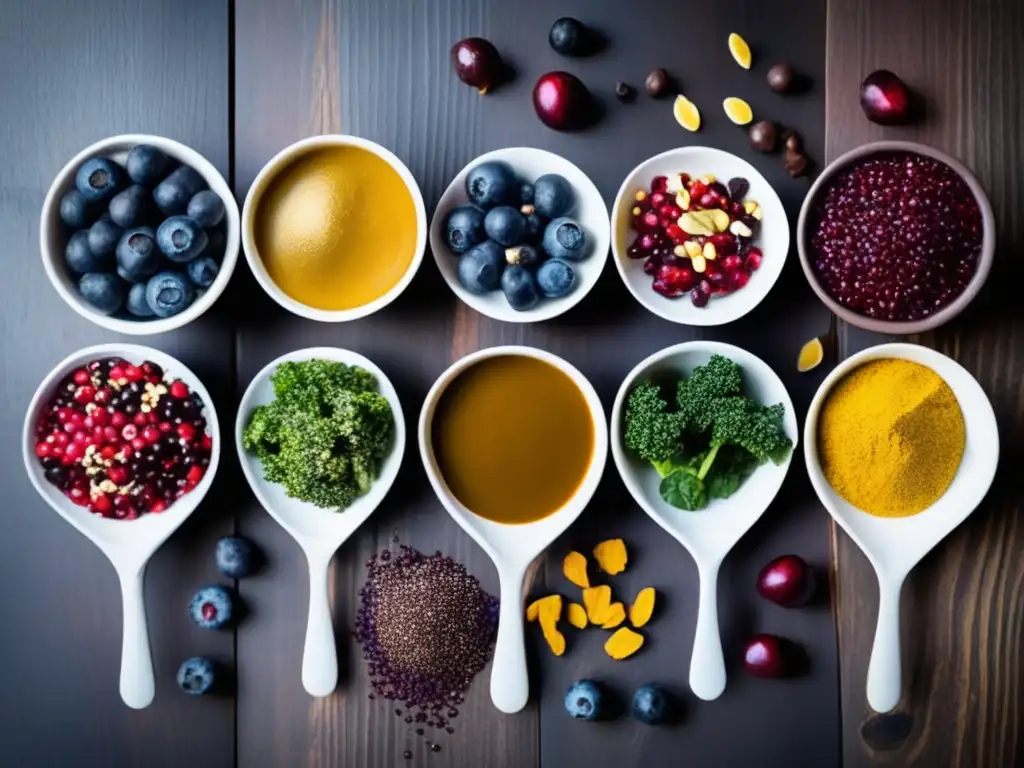 Una exquisita variedad de superalimentos para dieta saludable en una hermosa y artística composición sobre una mesa de madera oscura.
