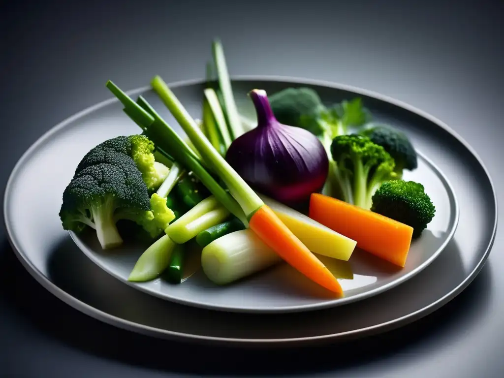 Una exquisita variedad de vegetales al vapor en un plato moderno, resaltando métodos de cocción bajos en grasa.