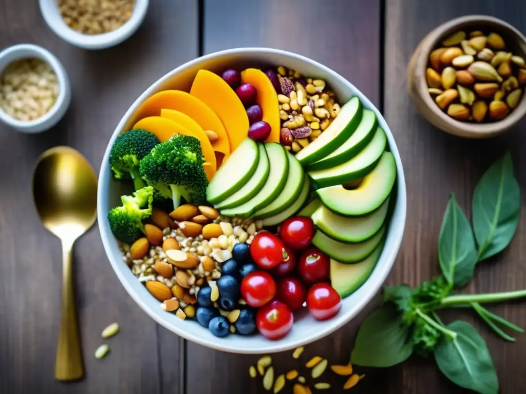 Una exquisita y vibrante ensalada vegana en un tazón sobre mesa rústica. Colores y texturas detallados invitan a una dieta saludable.