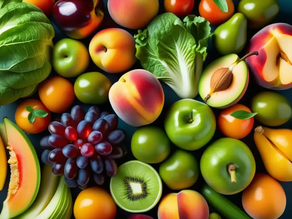 Una exquisita y vibrante variedad de frutas y verduras frescas, con texturas y colores intensos que resaltan los beneficios de alimentos funcionales.