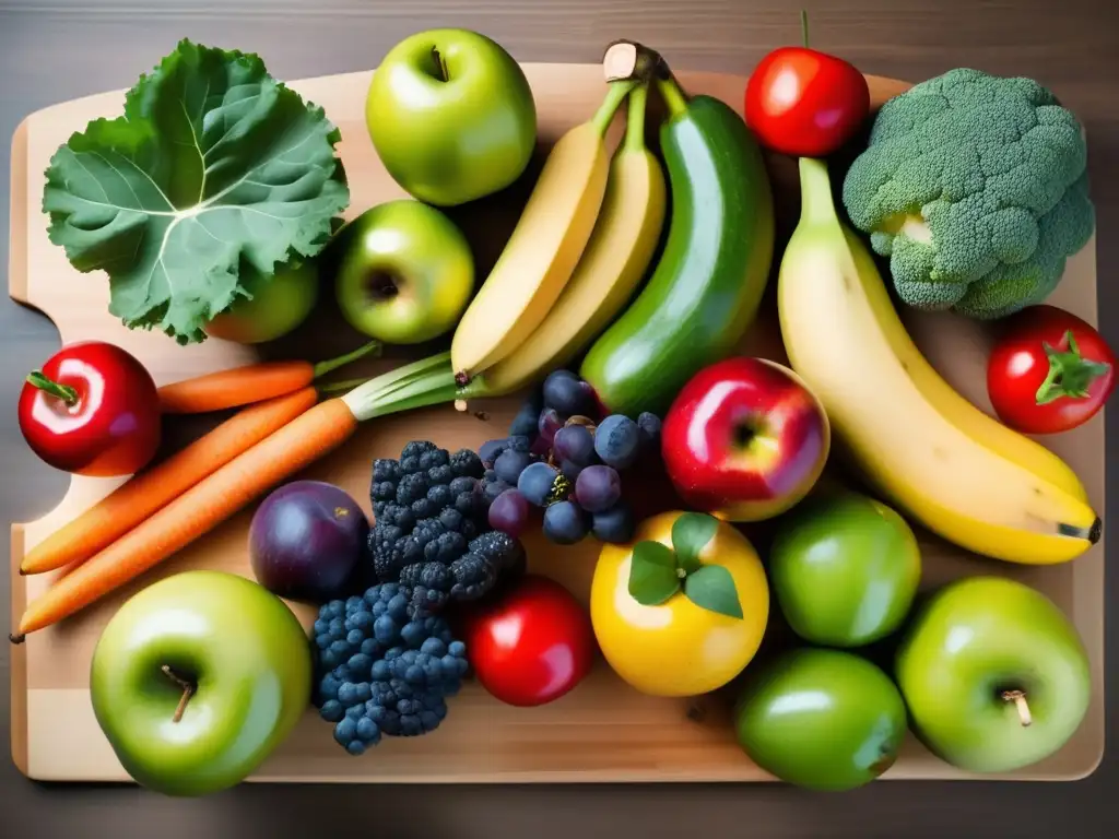 Una exquisita y vibrante variedad de frutas y verduras frescas, con colores y texturas diversos, dispuestas sobre una tabla de cortar de madera. <b>La imagen transmite frescura, vitalidad y conciencia hacia las elecciones alimenticias, resaltando técnicas alimentación consciente saludable.