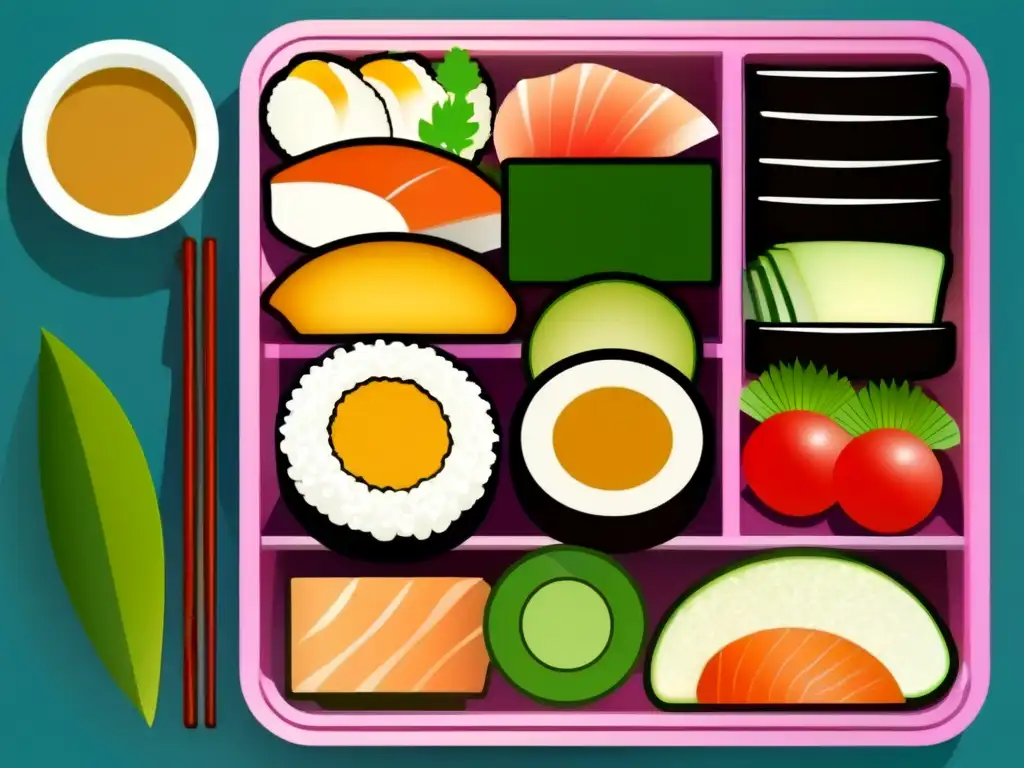 Un exquisito bento japonés con platos nutritivos y coloridos, reflejando la sofisticación de la cocina japonesa.