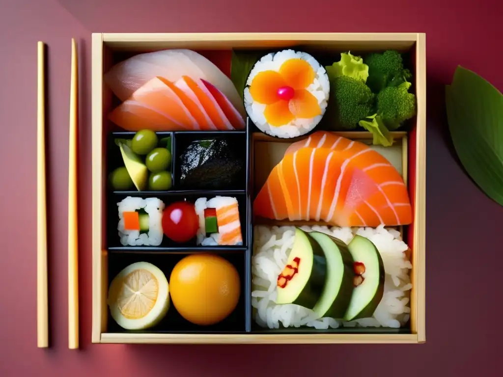 Un exquisito bento japonés, platos nutritivos y coloridos que reflejan la esencia de la cocina japonesa.