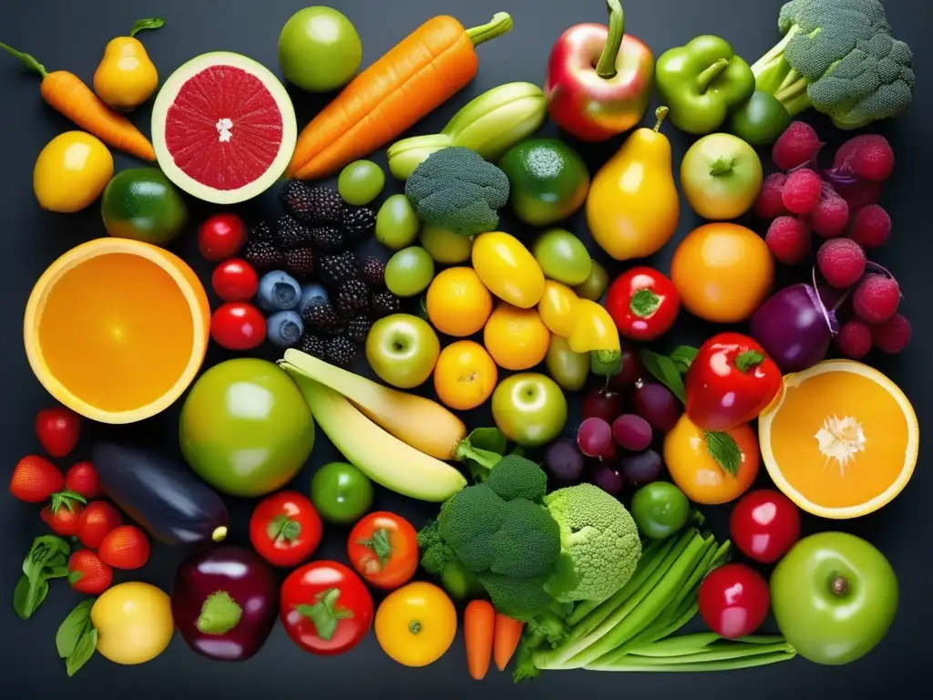 Un exquisito y colorido mosaico de frutas y verduras que resalta la diversidad y abundancia de alimentos naturales. Alimentos y trastornos mentales evidencia