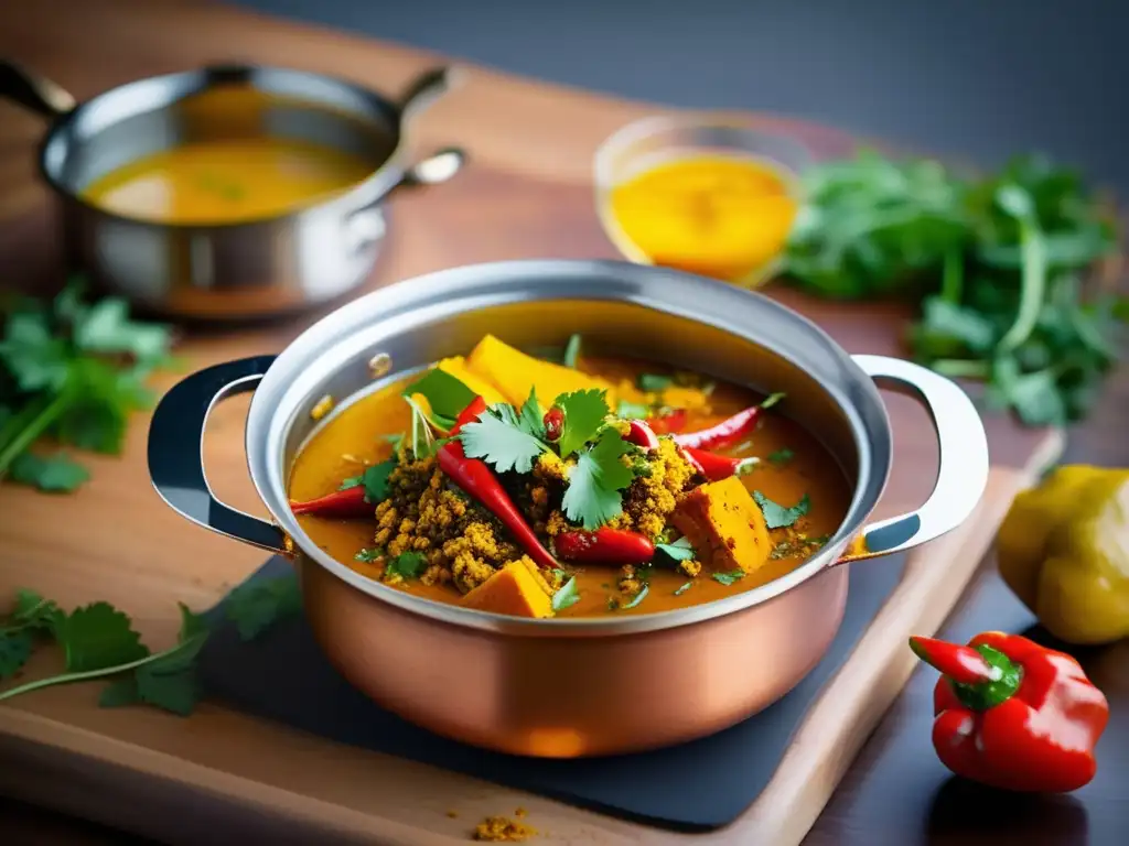 Un exquisito curry bajo en grasa está listo para disfrutar, con colores vibrantes y aromas tentadores en la cocina.
