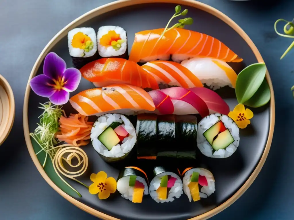 Un exquisito y detallado plato de sushi, con rolls coloridos y decoraciones vibrantes. <b>Recetas saludables de sushi casero.