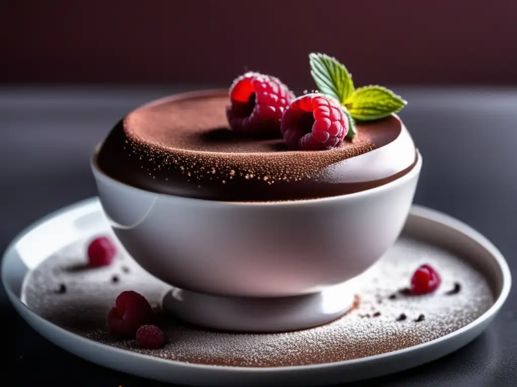 Un exquisito y detallado postre de mousse de chocolate con frambuesa, en un plato blanco. <b>Bajas en calorías.