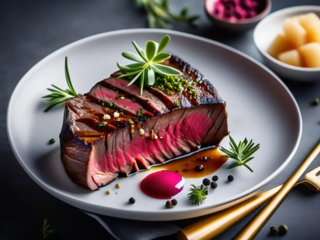 Un exquisito filete cocinado a baja temperatura sous vide, con un corte perfecto y un color rosado preciso de borde a borde, rodeado de hierbas aromáticas y especias.