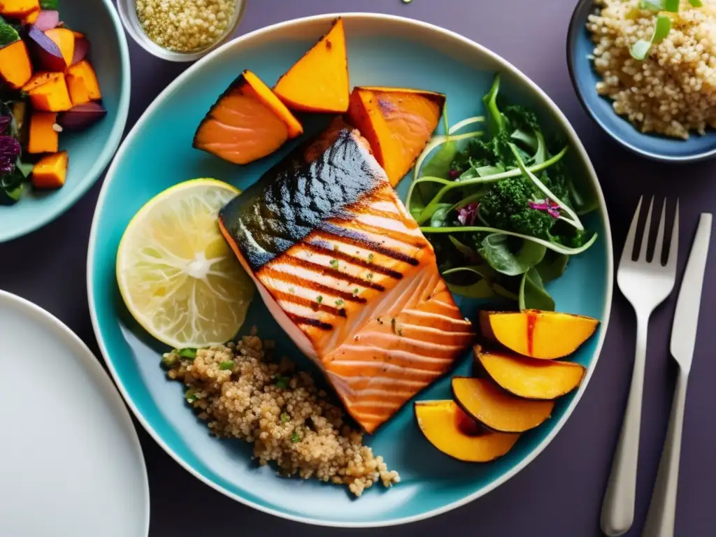 Un exquisito plato de cena con salmón, ensalada, batatas y quinua, presentado de manera artística y apetitosa, ideal para efectos de cenar tarde.