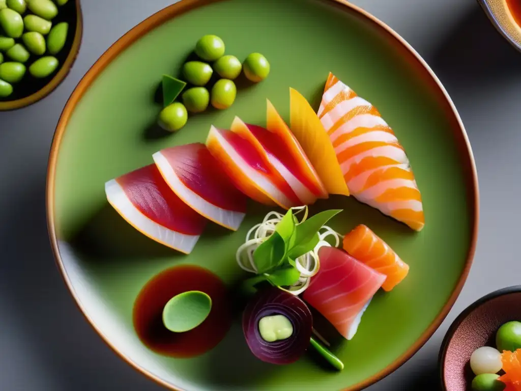 Un exquisito plato de la cocina Nikkei, con sashimi, sushi, edamame y vegetales encurtidos. <b>Presentación elegante con beneficios nutricionales dieta fusión japonesa peruana.