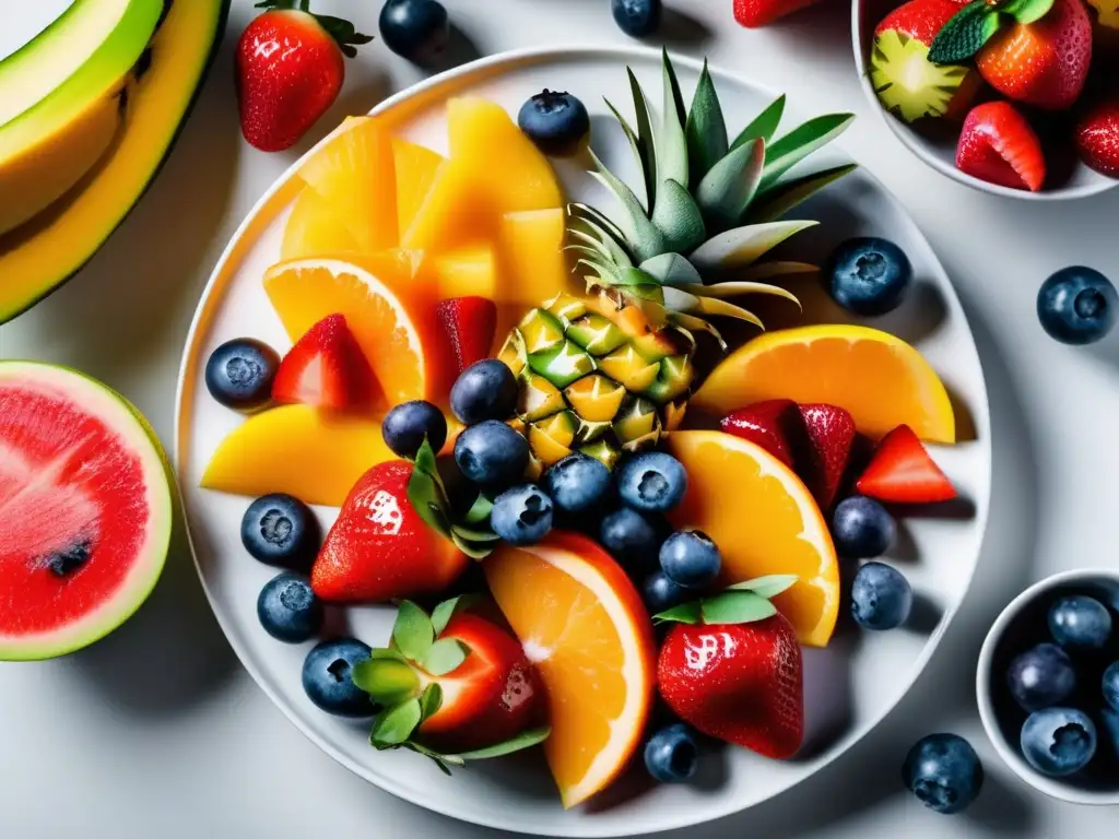 Un exquisito plato de frutas frescas y vibrantes, resplandeciendo con jugos naturales. <b>Una invitación al mindfulness en la alimentación.