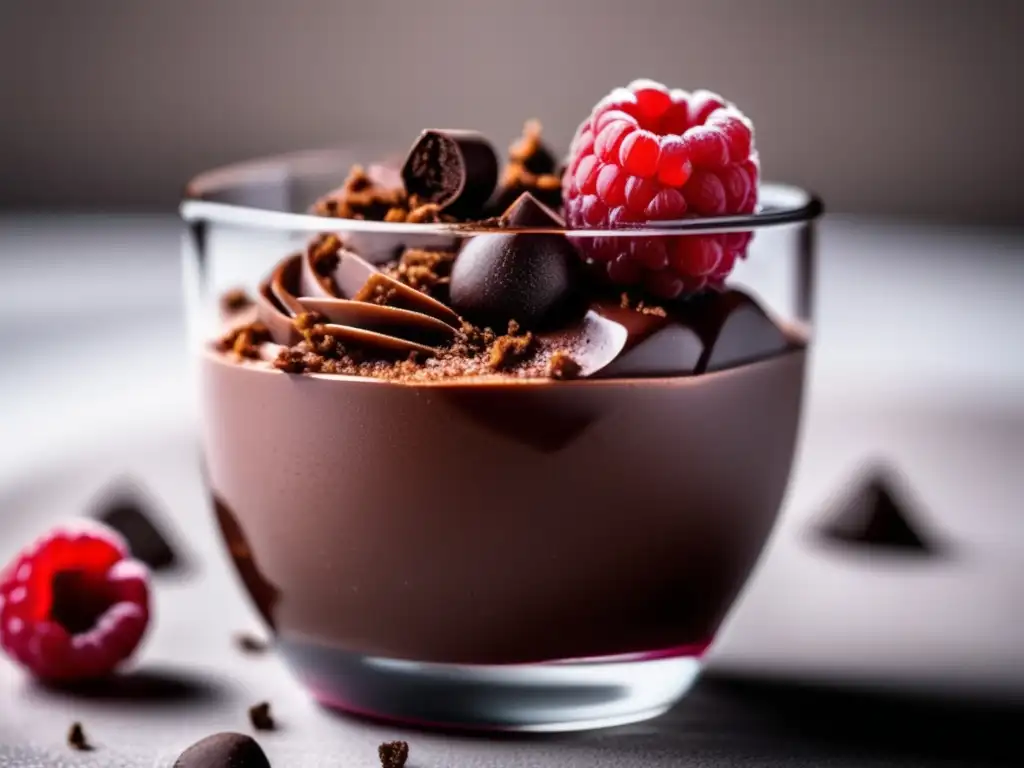 Exquisita mousse de chocolate con frambuesas Un exquisito postre bajo en calorías: mousse de chocolate decadente con frambuesas y virutas de chocolate en copa moderna sobre fondo blanco.
