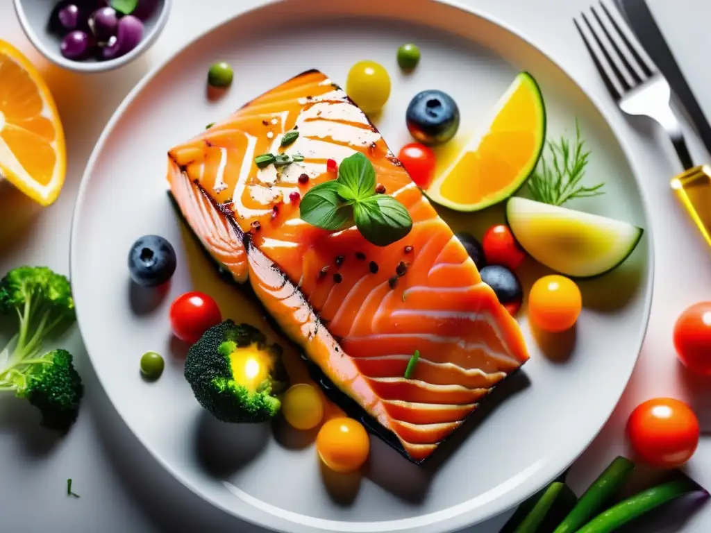 Un exquisito salmón en forma de corazón rodeado de alimentos coloridos. <b>Beneficios del Omega 3 para el corazón.