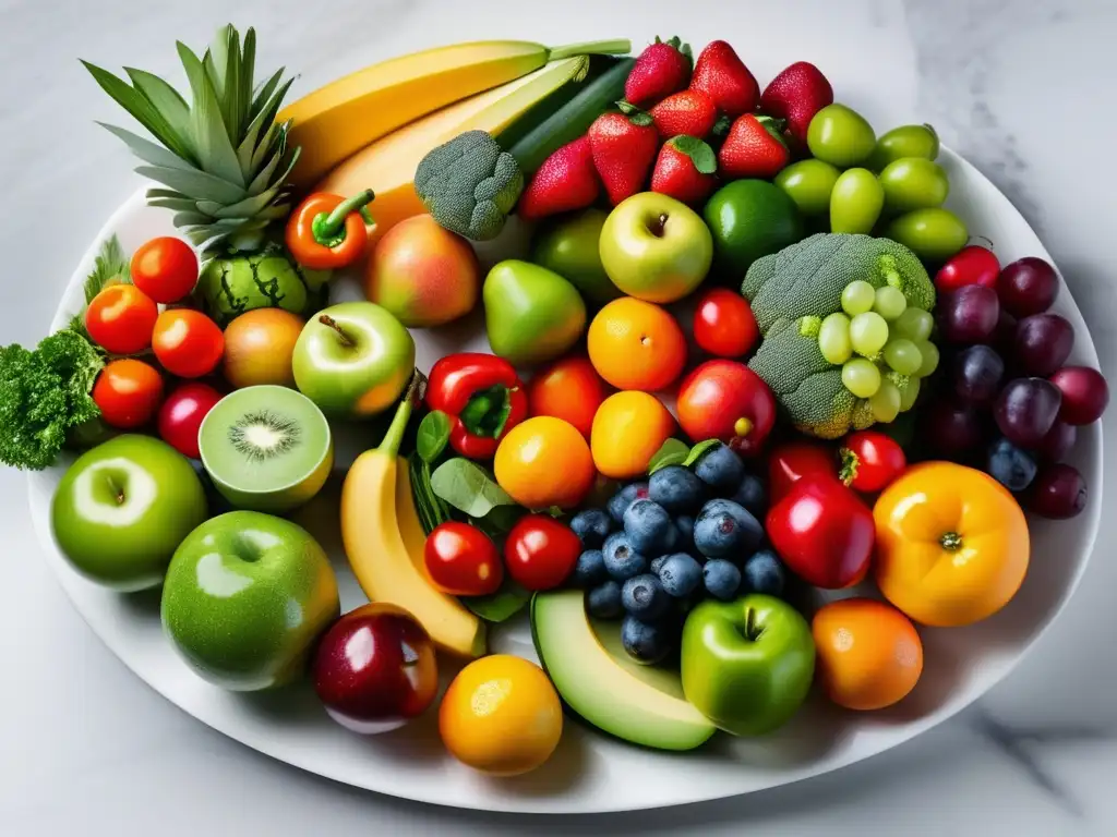 Un exquisito y vibrante arreglo de frutas y verduras frescas sobre mármol blanco. <b>Resalta la nutrición adecuada para diabetes gestacional.