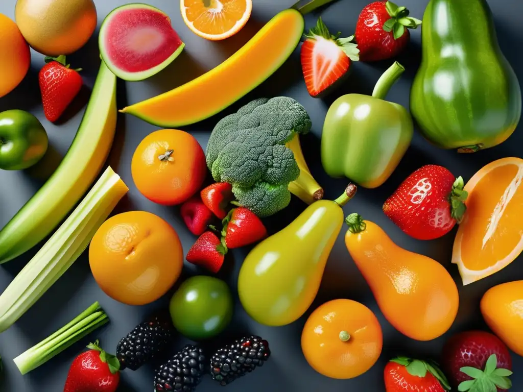 Un exquisito y vibrante mosaico de frutas y verduras frescas, resaltando enfoques nutricionales para la salud mental y la obesidad.
