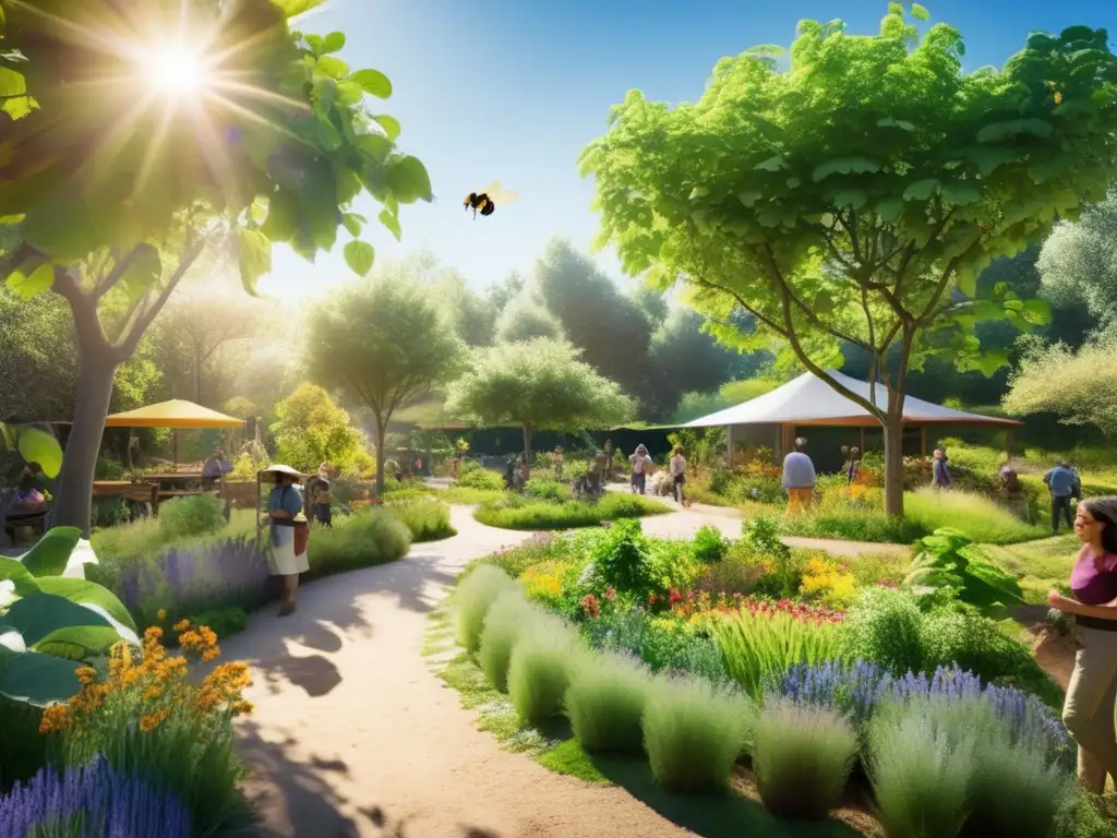 Un exuberante bosque de alimentos permaculturales con diversidad de árboles frutales y huertos. <b>La luz solar filtra a través del dosel, creando sombras moteadas en el verdor vibrante.</b> Las abejas revolotean alrededor de flores coloridas, mientras un arroyo serp