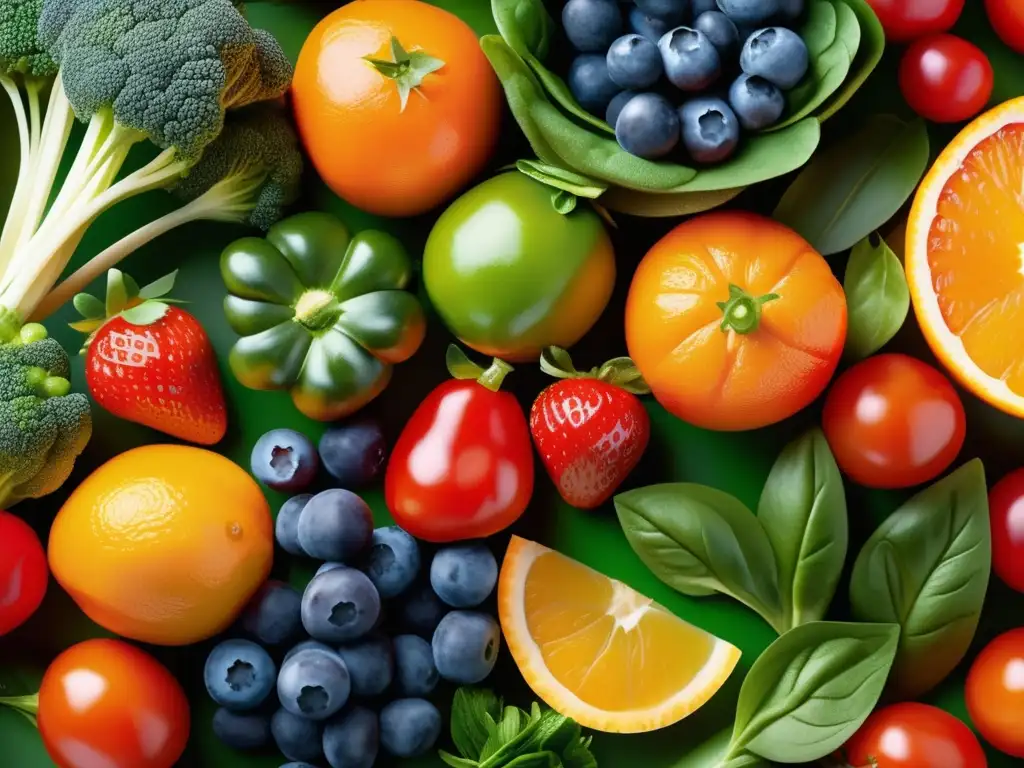 Una exuberante y colorida exhibición de frutas y verduras frescas. <b>Alimentación saludable para luchadores de sumo.