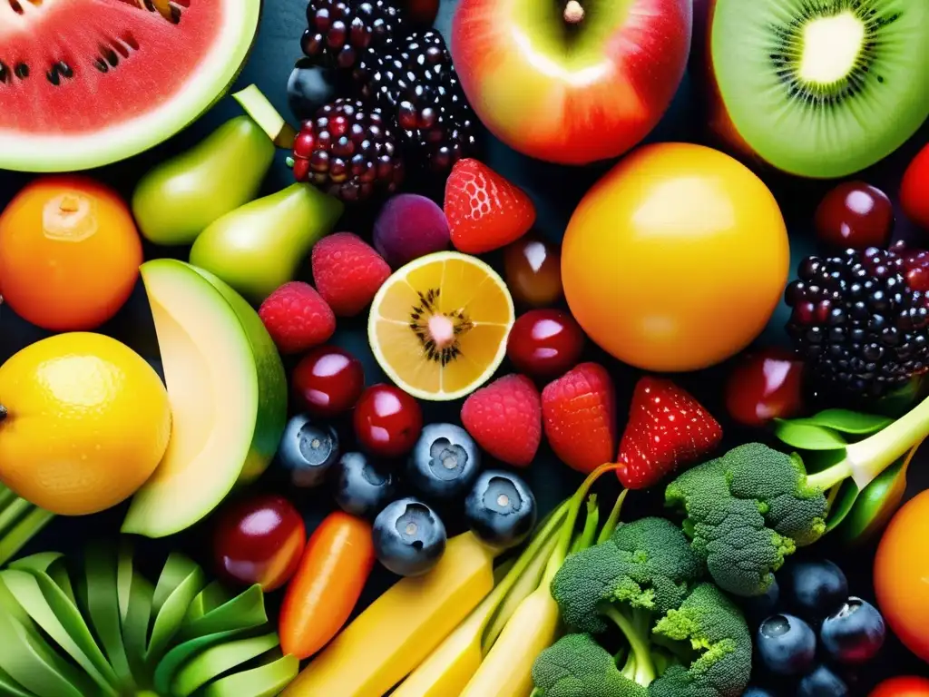 Una exuberante y colorida exhibición de frutas y verduras frescas en un patrón circular, resaltando los beneficios de probióticos y prebióticos.