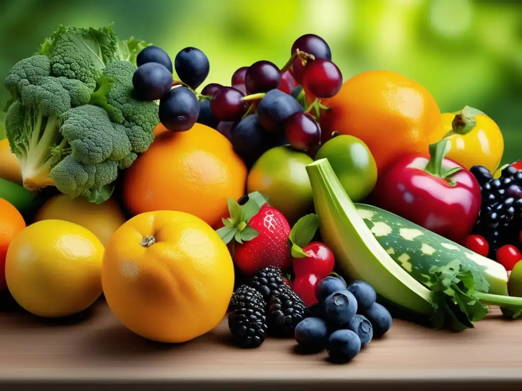 Una exuberante y colorida variedad de frutas y verduras frescas, representando la esencia de una dieta equilibrada y nutritiva para el sistema inmunológico.