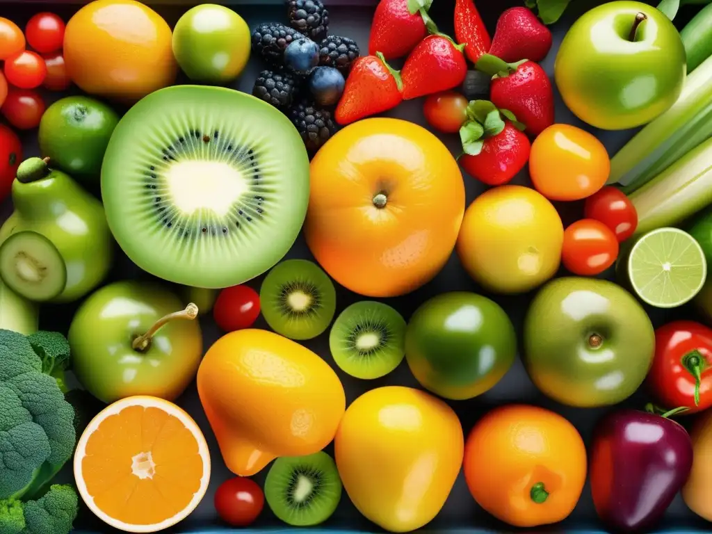 Una exuberante composición de frutas y verduras frescas, goteando agua, en un fondo moderno y limpio. <b>Alternativas aditivos industria alimentaria.