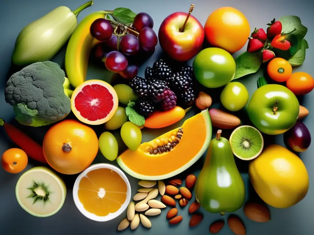 Una exuberante composición de frutas, verduras, frutos secos y semillas, irradiando vitalidad y frescura. <b>Beneficios veganismo alimentación saludable.