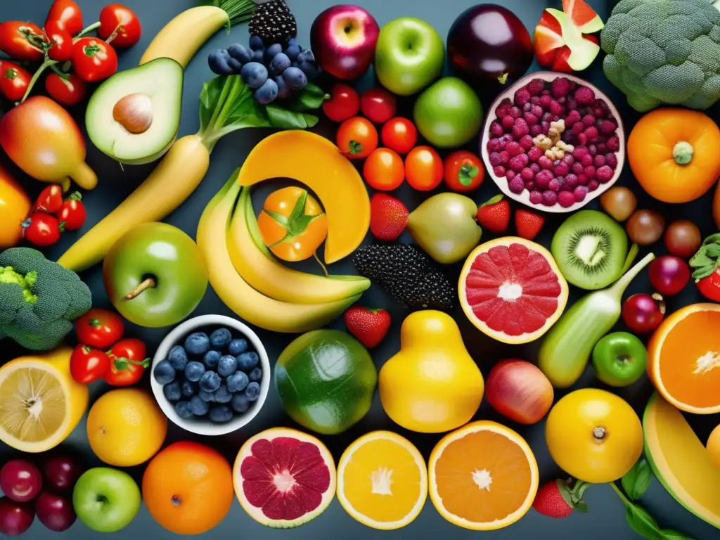 Una exuberante composición de frutas y verduras frescas resalta la importancia de una dieta equilibrada para la salud digestiva y la flora intestinal. El vibrante espectáculo de colores y detalles invita a disfrutar de la abundancia y vitalidad de estos alimentos.