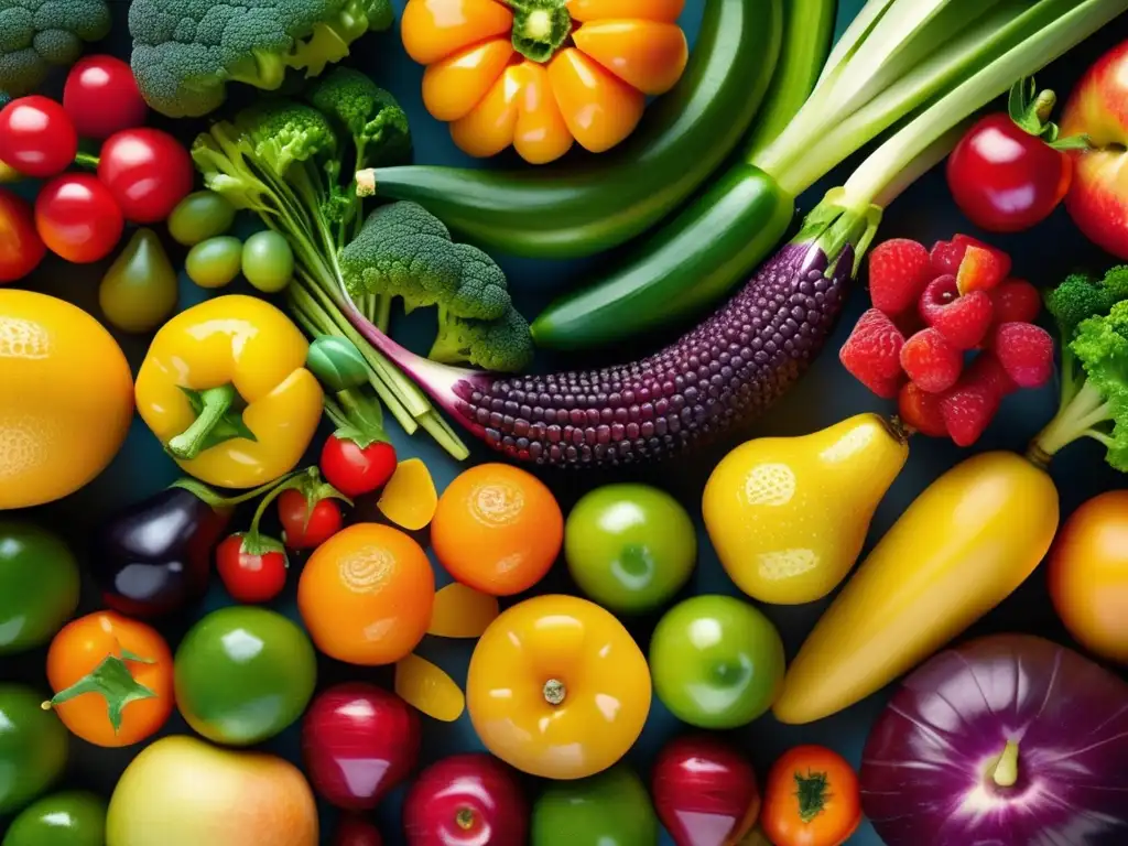 Una exuberante composición de frutas y verduras frescas, con colores vibrantes y texturas detalladas. Destaca la variedad de alimentos y su relación con la evidencia científica sobre el cáncer.