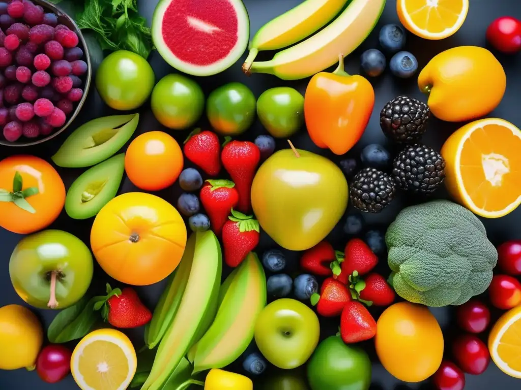 Una exuberante composición de frutas y verduras coloridas, destacando la importancia de los aminoácidos esenciales en la nutrición.