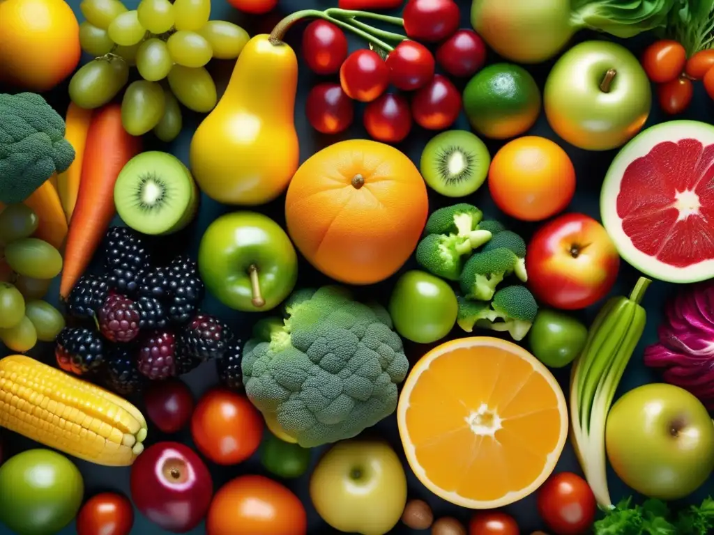 Una exuberante y detallada composición de frutas y verduras, resaltando la importancia de la nutrición en inmunidad.