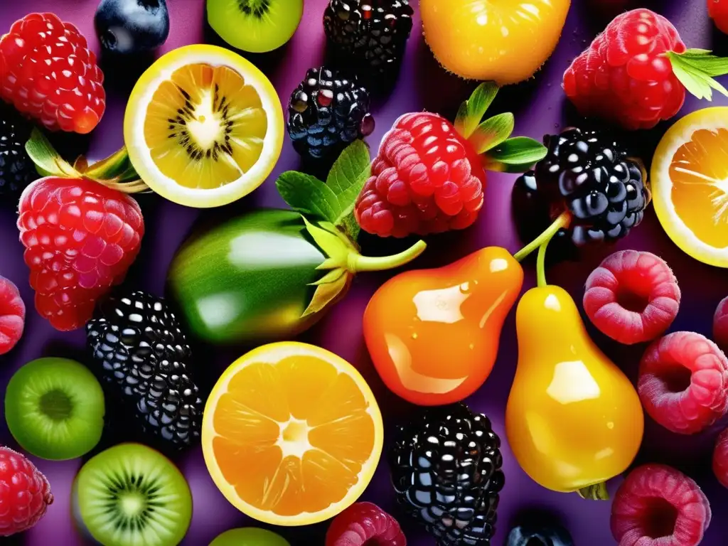 Una exuberante y detallada exhibición de frutas y verduras coloridas resalta los beneficios prebióticos y probióticos para la tercera edad.
