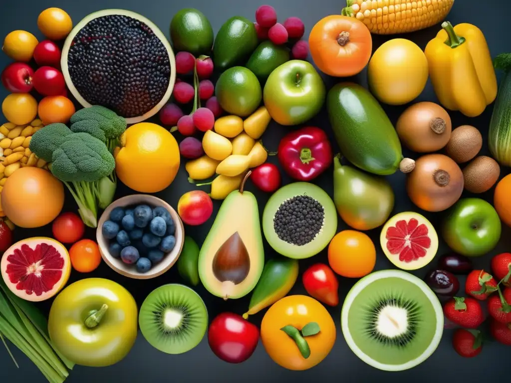 Una exuberante y detallada exhibición de frutas, verduras y granos, evocando abundancia y nutrición saludable. <b>Comparación dietas basadas en plantas.