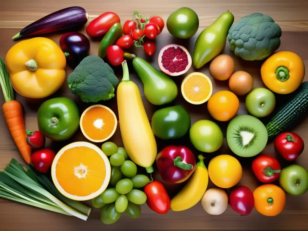 Una exuberante y detallada composición de frutas y verduras coloridas, promoviendo la biodiversidad y los Beneficios de la alimentación consciente.