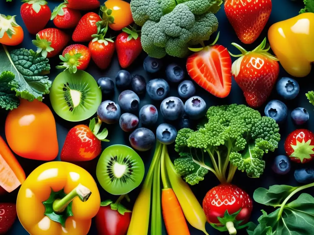 Una exuberante y detallada imagen de frutas y verduras coloridas, con gotas de agua. <b>Resalta la nutrición en diferentes etapas de vida.
