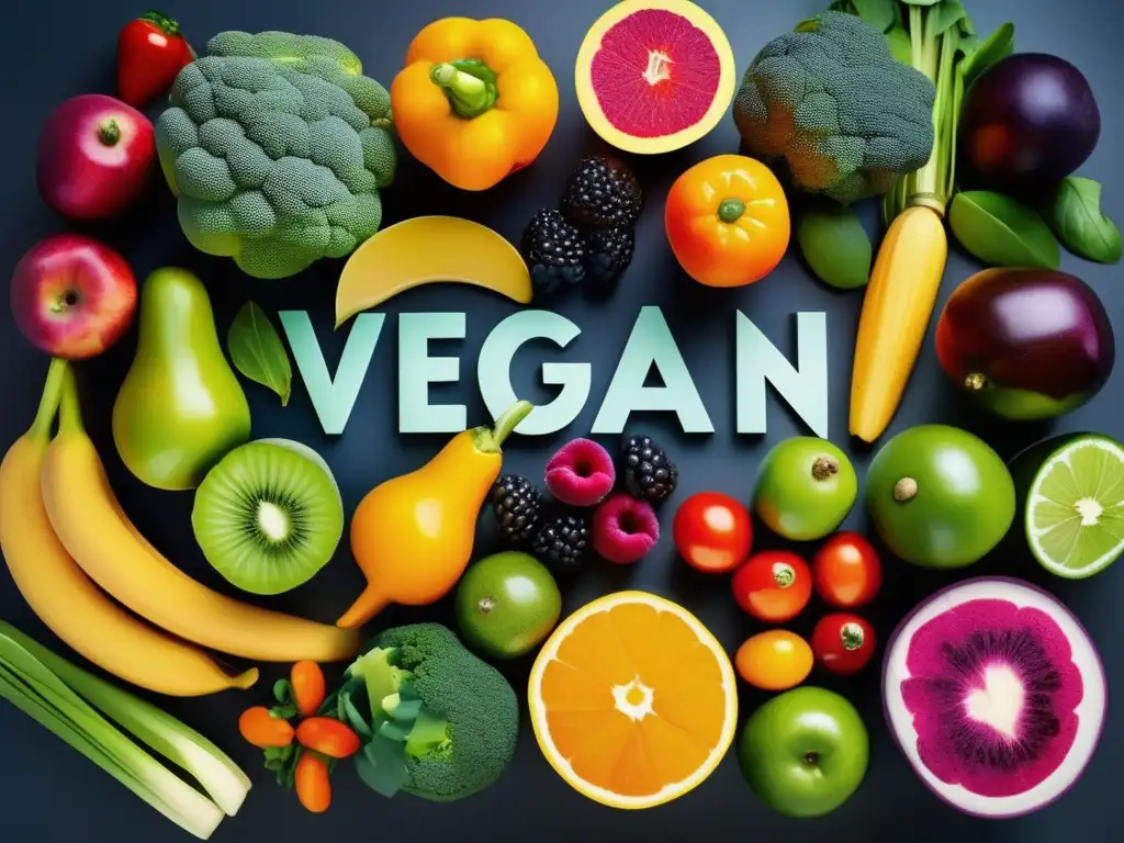 Una exuberante y detallada imagen de frutas y verduras coloridas, resaltando la importancia de vitaminas en alimentación vegana.