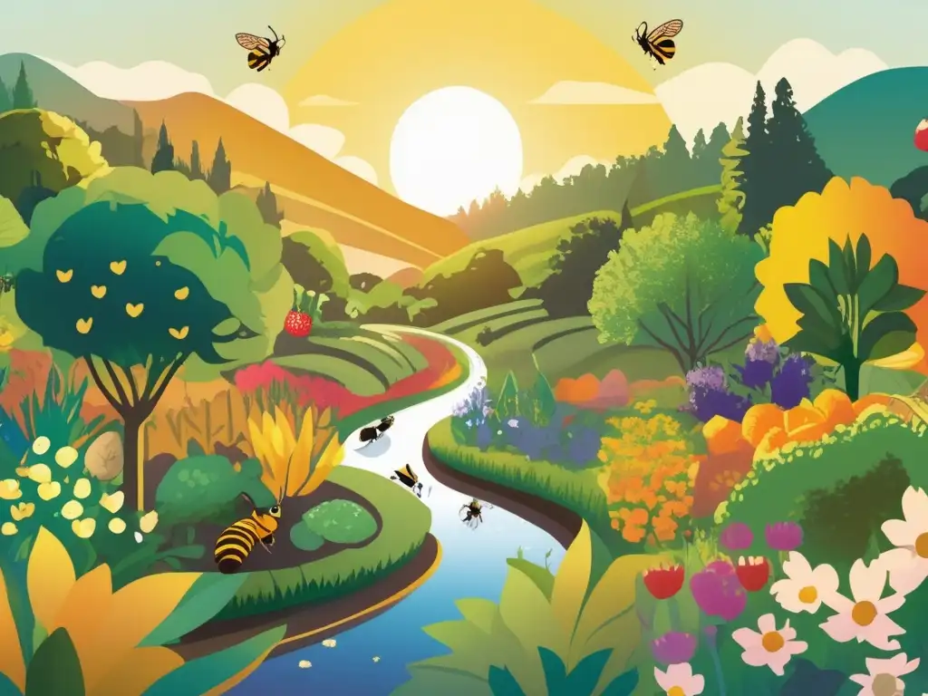 Un exuberante y diverso bosque de alimentos de permacultura, con frutas, verduras y hierbas de colores vibrantes en diferentes etapas de crecimiento. <b>El sol ilumina con un cálido resplandor dorado, mostrando el intrincado e interconectado ecosistema del sistema agrícola s