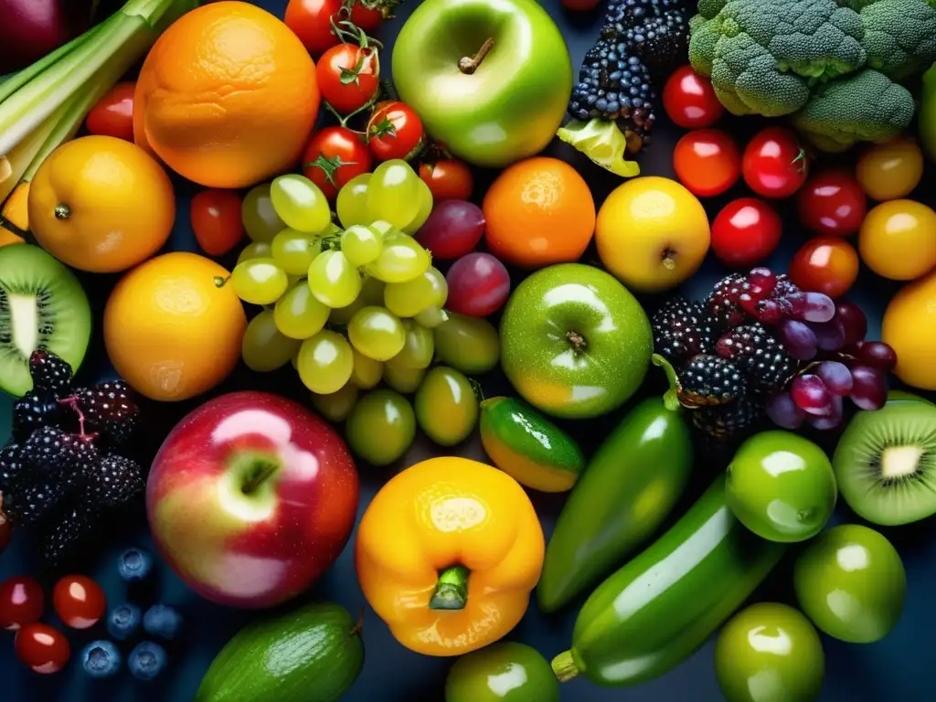 Una exuberante exhibición de frutas y verduras frescas en una composición visualmente impactante. <b>Potenciadores sabor alimentación saludable.