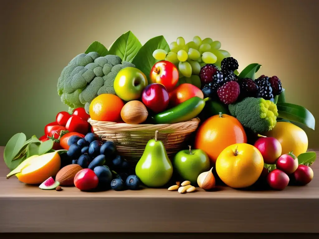 Una exuberante exhibición de frutas, verduras, nueces y semillas frescas, vibrantes y coloridas. <b>El brillo del rocío resalta su frescura, creando una vista impresionante.</b> Esta imagen irradia una vibra moderna y saludable, destacando la abundancia y diversidad de alimentos naturales y enter