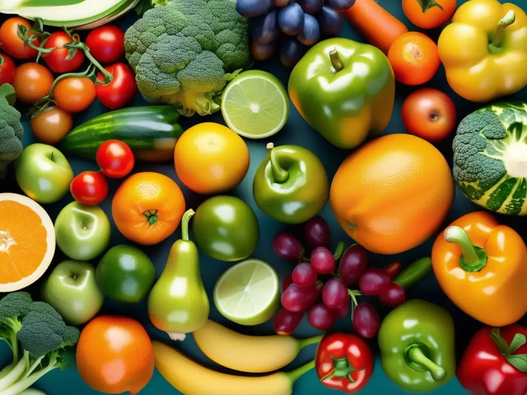 Una exuberante exhibición de frutas y verduras frescas en colores vibrantes, invitando a una alimentación balanceada para la prevención de la diabetes tipo 1.