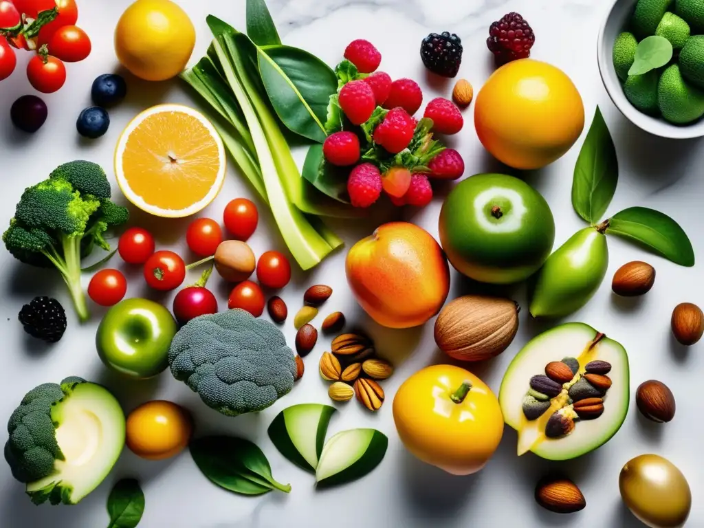 Una exuberante exhibición de frutas, verduras, frutos secos y semillas frescos en una encimera de mármol blanco. Captura la esencia de la Dieta Pegan para una vida saludable con una presentación vibrante y moderna.