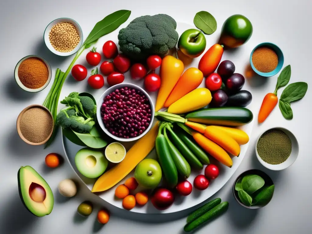 Una exuberante exhibición de frutas, verduras y legumbres en un mostrador blanco. <b>Resalta los beneficios de la dieta vegana para la microbiota.