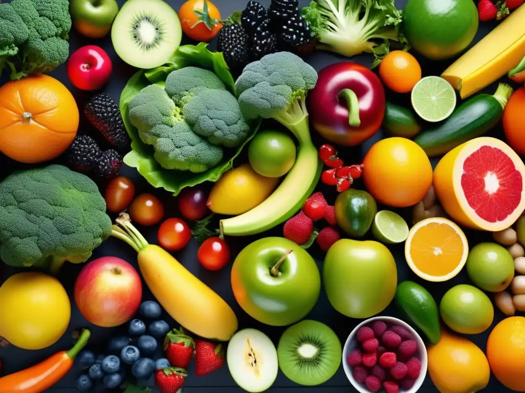 Una exuberante exhibición de frutas y verduras frescas en una vibrante variedad de colores. <b>Alimentación saludable para cada etapa.