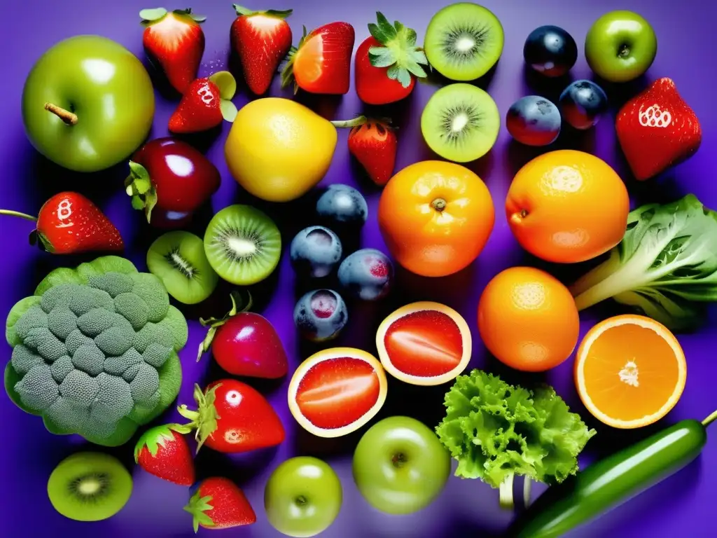 Una exuberante exhibición de frutas y verduras frescas, resaltando los beneficios de la cocina cruda y los nutrientes integrales.