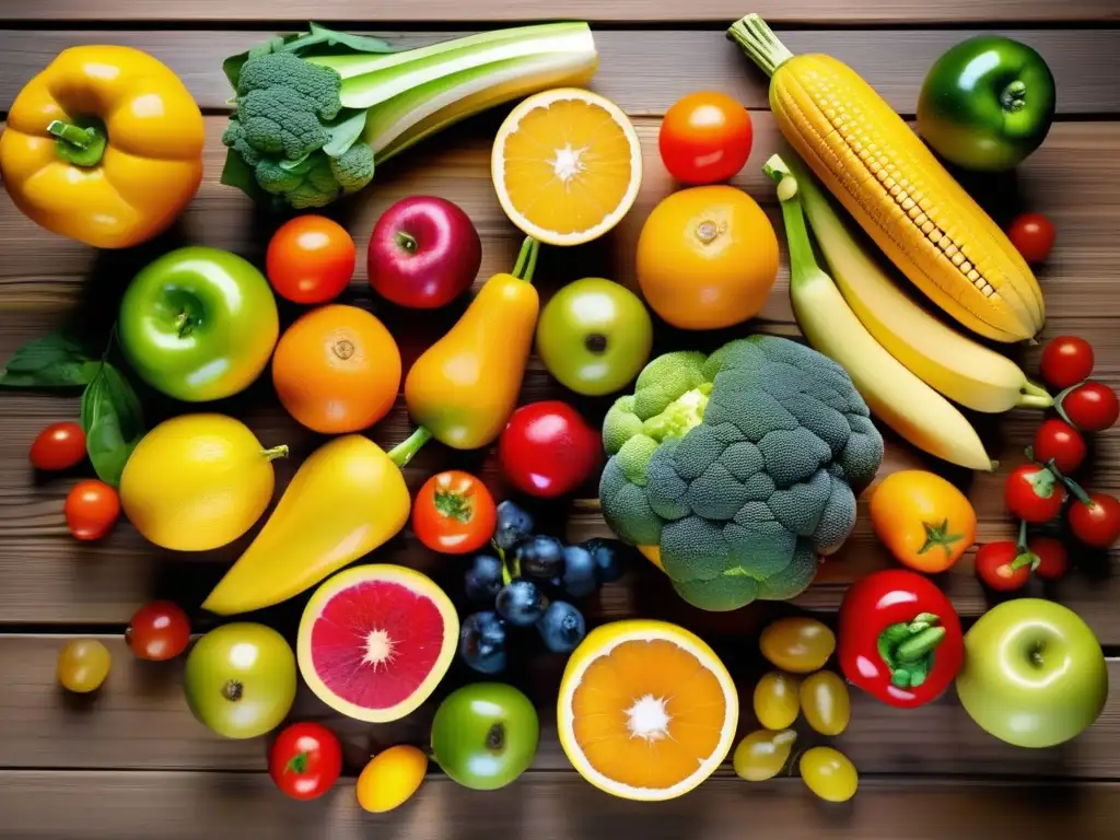 Una exuberante exhibición de frutas y verduras frescas en una mesa de madera, invita a descubrir los beneficios de la nutrición en la Tercera Edad.